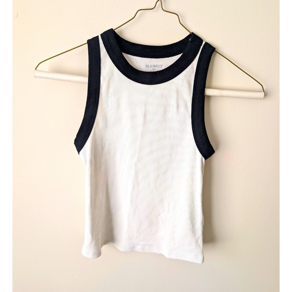 Old Navy Tank Top Women's XS White Ribbed Cotton Crew Neck Black Contrast Trim
